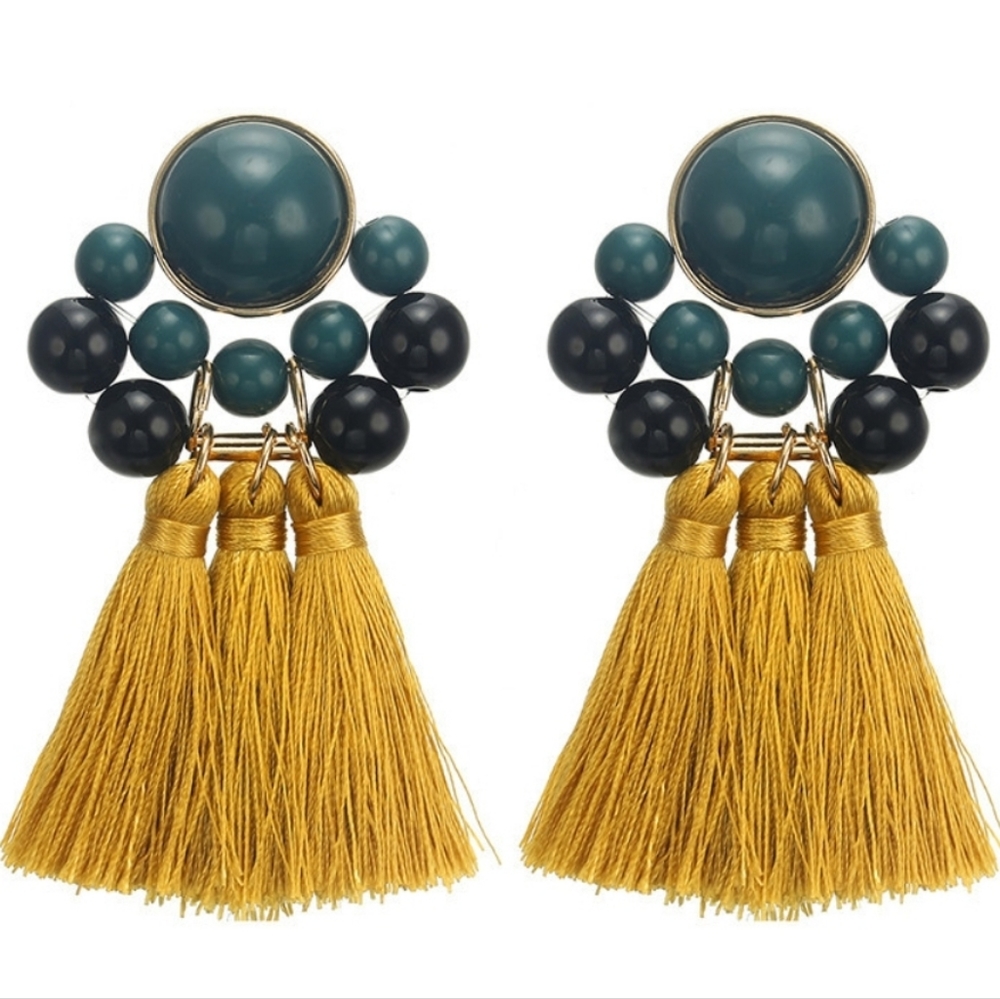Beaded fringed Earrings - Mustard